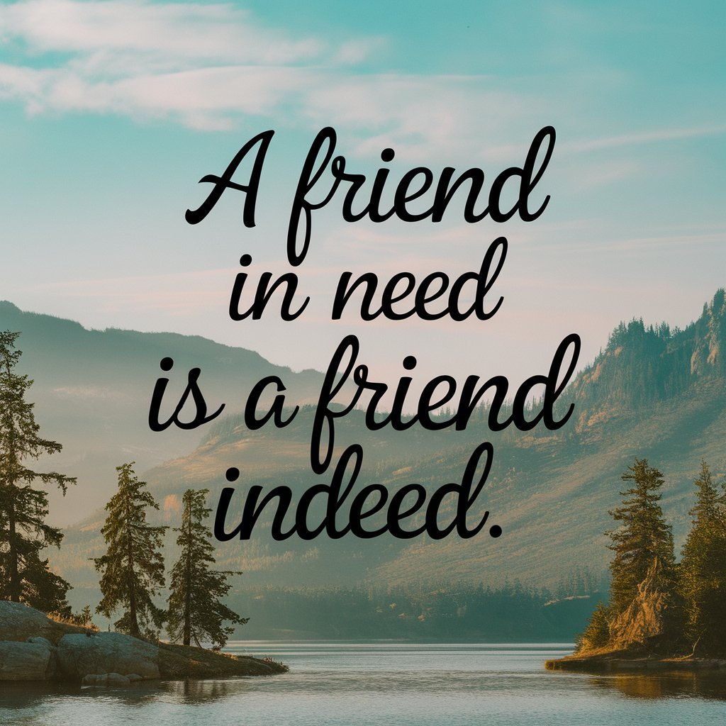 The image features the quote “A friend in need is a friend indeed” over a tranquil lake with trees and mountains in the background.