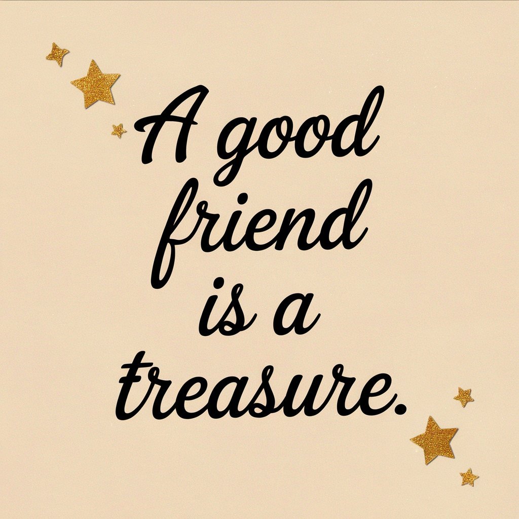 Inspirational quote on a beige background, “A good friend is a treasure,” with gold stars.