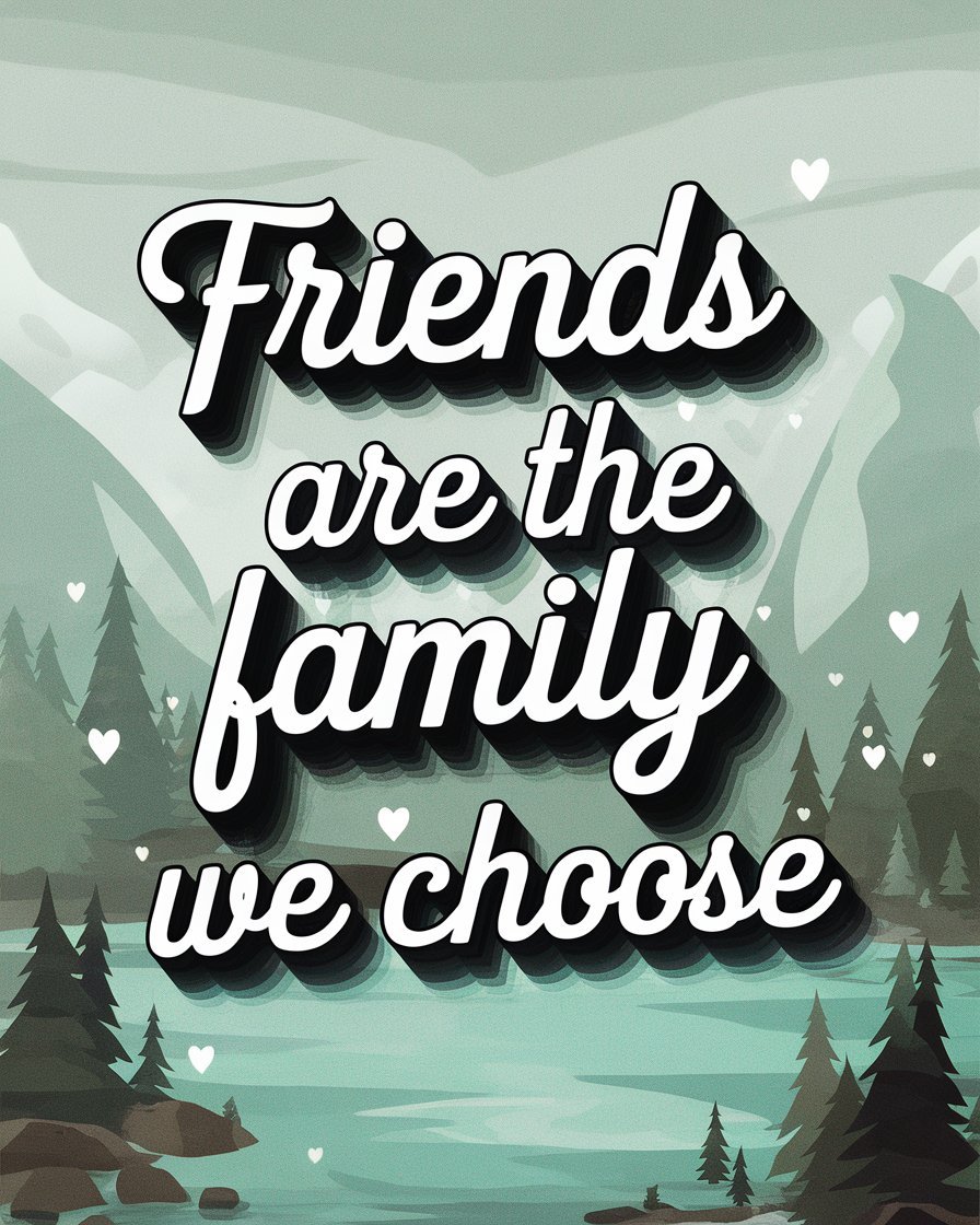 The image features the phrase “Friends are the family we choose” in a bold, decorative font. The background shows an evergreen forest and mountains, with cool tones of green and blue, creating a serene atmosphere