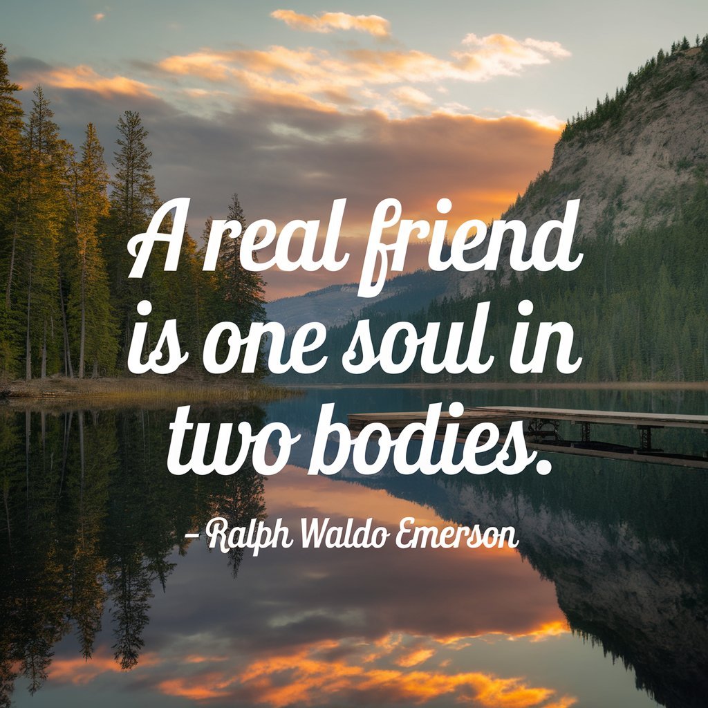 The image features the quote “A real friend is one soul in two bodies” by Ralph Waldo Emerson, over a tranquil lake at sunset.