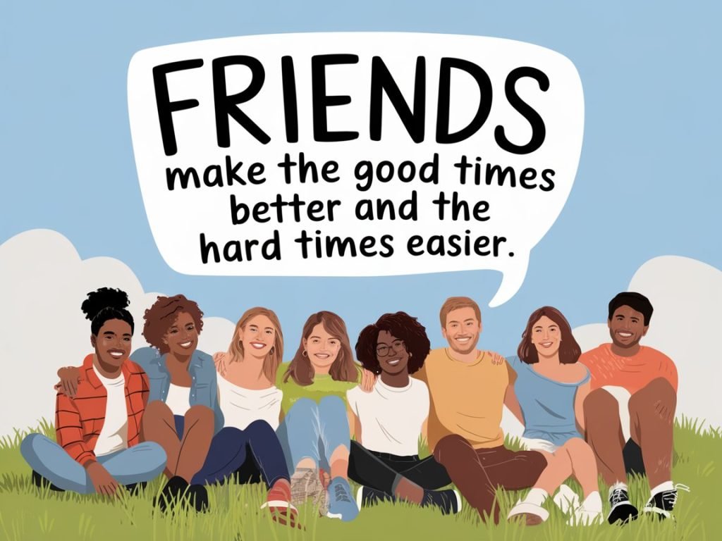 Illustration of a diverse group of friends sitting together, with a speech bubble saying, “FRIENDS make the good times better and the hard times easier.”