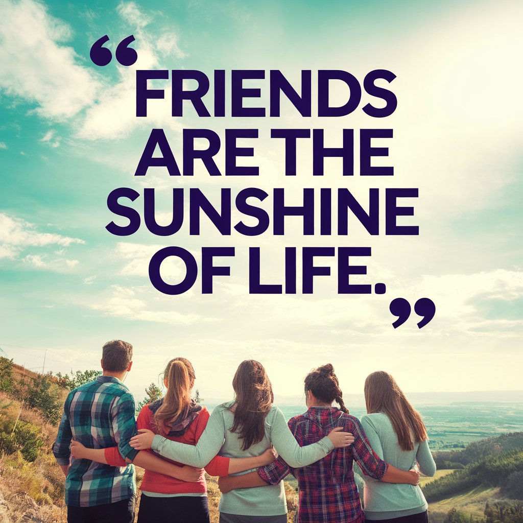 A group of five friends embracing while looking at a scenic view with the quote “Friends are the sunshine of life.”