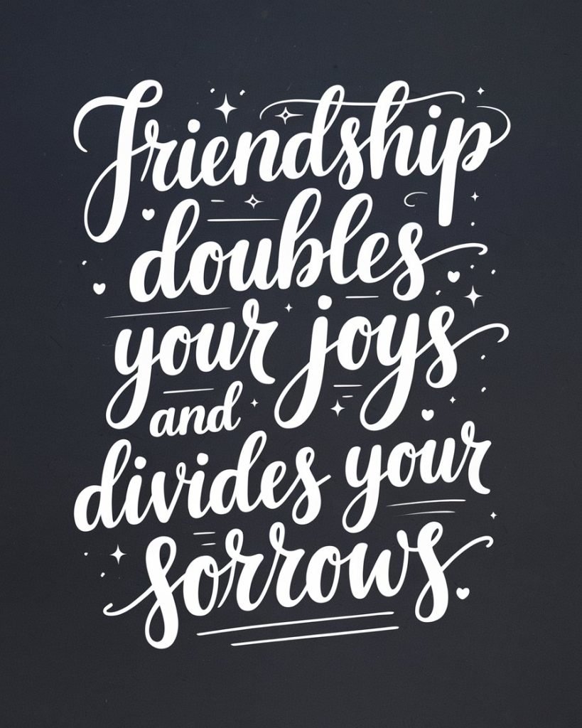 Hand-lettered quote on a dark background saying “Friendship doubles your joys and divides your sorrows.”