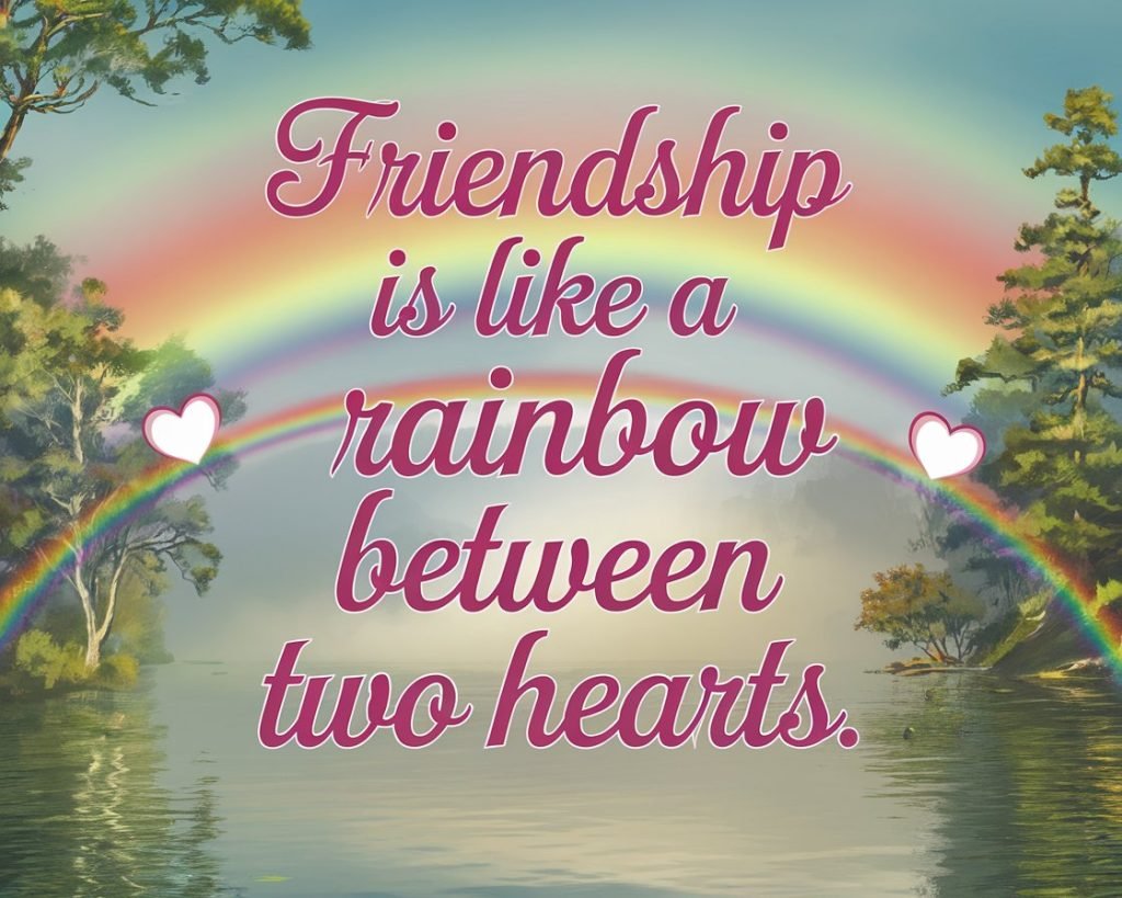 A scenic view of a rainbow over a tranquil lake with the phrase “Friendship is like a rainbow between two hearts” overlaid.