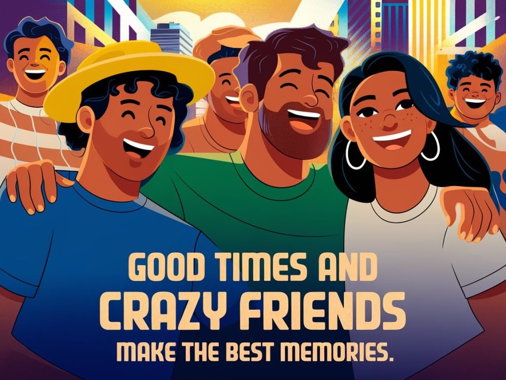 Illustration of four friends with obscured faces, cityscape in the background, text “Good times and crazy friends make the best memories.”