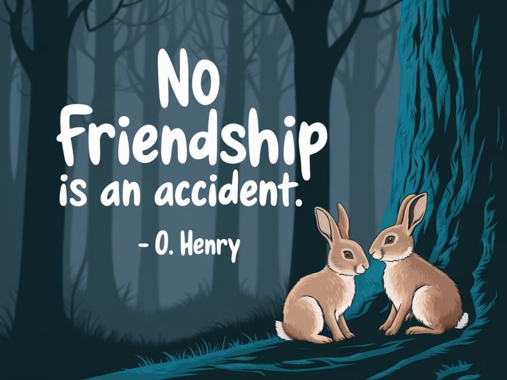 Two rabbits in a nighttime forest with the quote, “No Friendship is an accident. - O. Henry” displayed above them. The scene is serene and reflective, emphasizing the value of friendship.

