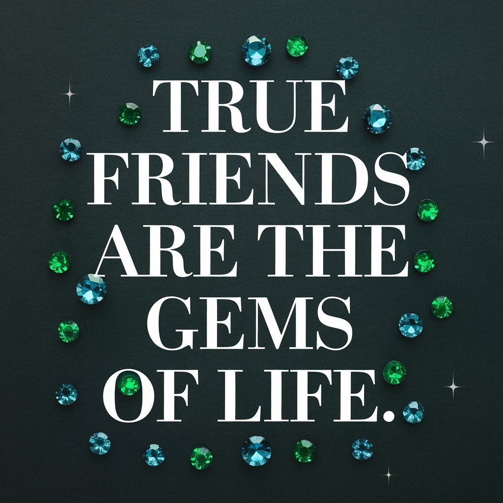 A graphic with the phrase “True friends are the gems of life” surrounded by sparkling green gemstones on a dark background.