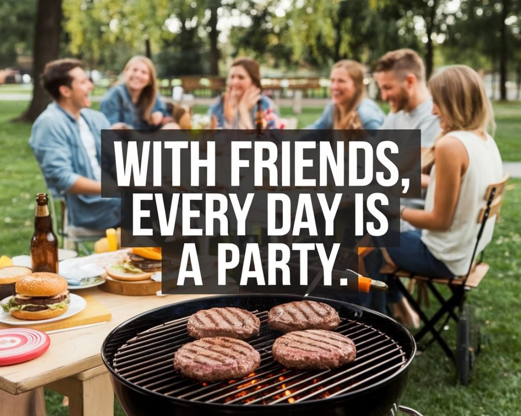 A group of people enjoying a barbecue in a park with the phrase “With friends, every day is a party.”